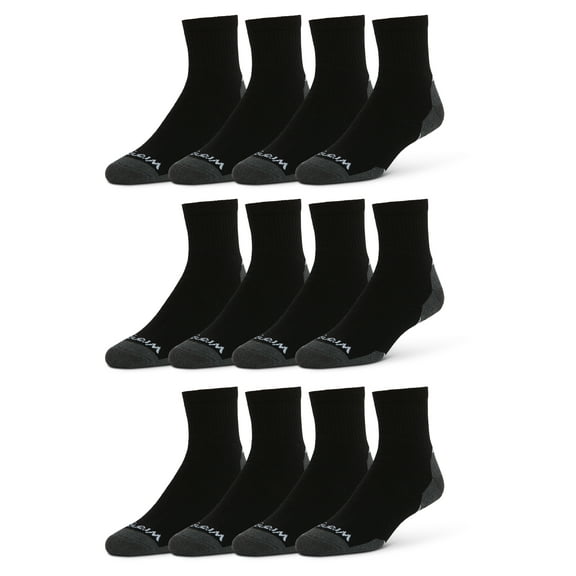 Wrangler Essential Cool Comfort Men’s Quarter Socks, Full-Cushion Crew Socks, 6-12, Black, 12-Pack