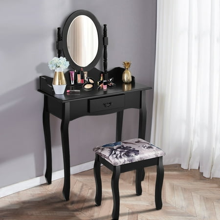 Costway Vanity Wood Makeup Dressing Table Stool Set Jewelry Desk W/ Drawer &Mirror bathroom White/Black