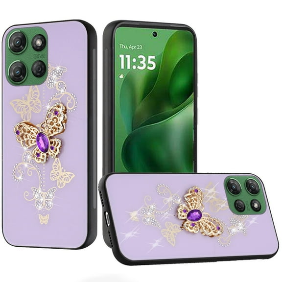 For Motorola Moto G Power 5G 2025 SPLENDID Diamond Glitter Ornaments Engraving Case Cover - Garden Butterflies Purple