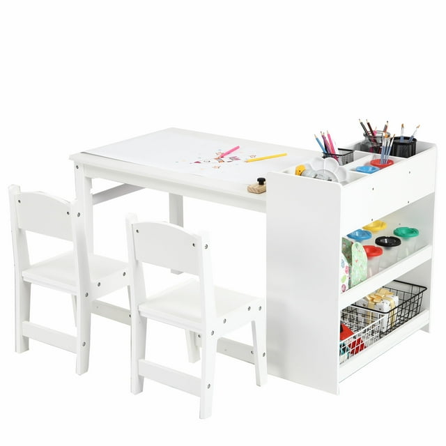 Yiwa Kids Art Table with 2 Chairs, Toddler Craft Play Wood Activity Desk with Large Storage Shelves for Writing Drawing,Nursery, Children's Wooden Furniture for Classroom Daycares,Home