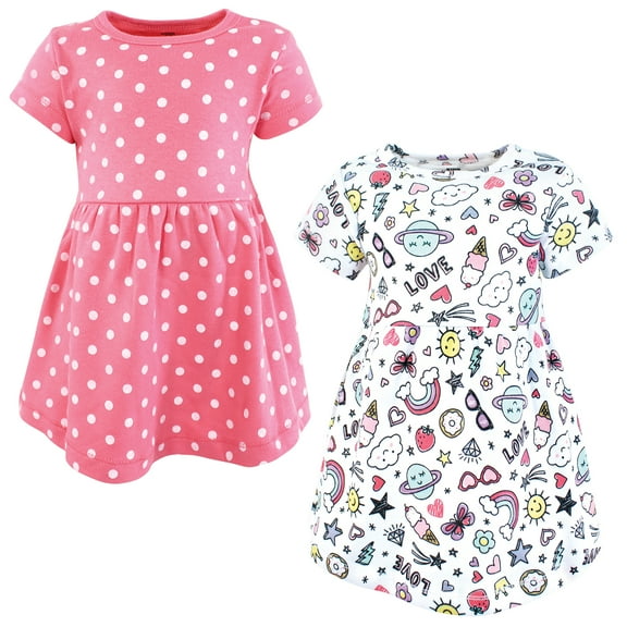Hudson Baby Girls Cotton Dresses, Pink Doodles, 0-3 Months
