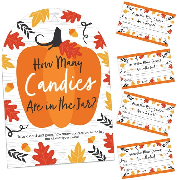 Big Dot of Happiness Fall Pumpkin - How Many Candies Halloween or Thanksgiving Party Game - 1 Stand and 40 Cards - Candy Guessing Game