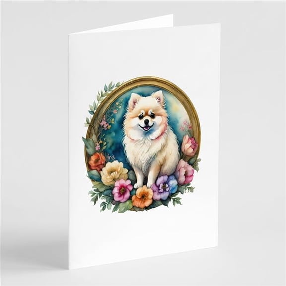 Pomeranian and Flowers Greeting Cards and Envelopes Pack of 8 7 in x 5 in