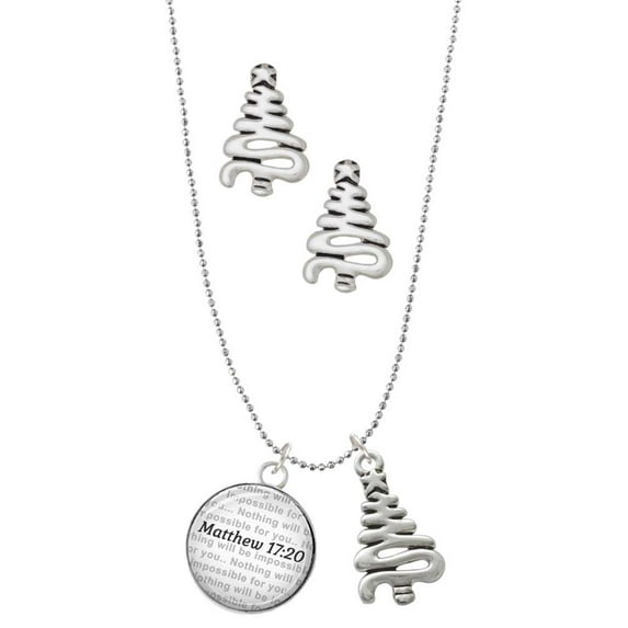 Delight Jewelry Silvertone Domed Matthew 17:20 Silver tone Zig Zag Christmas Tree Charm Necklace and Stud Earrings