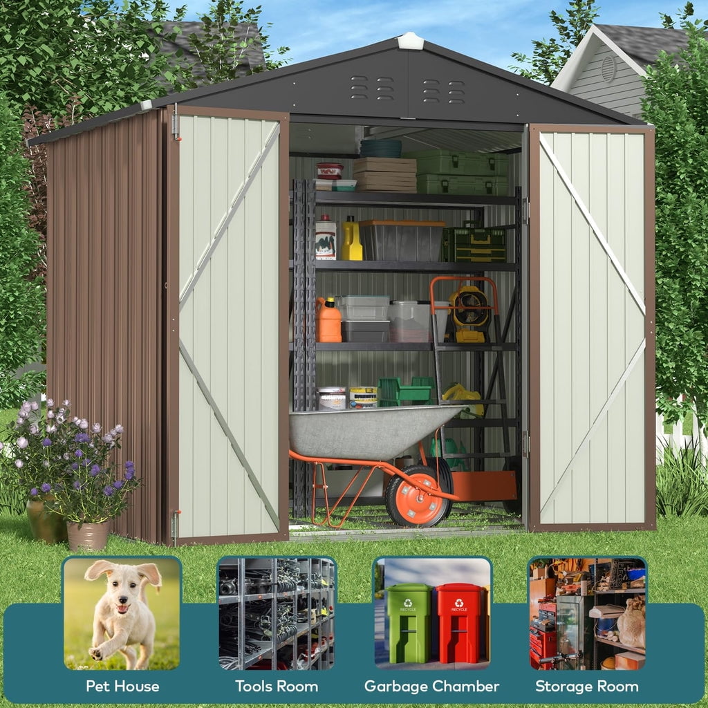8' x 6' Outdoor Storage Shed on Sale, Aiho Shed & Outdoor Storage Clearance, Metal Storage Shed for Outside, Backyard, Garden & Patio - Light Brown