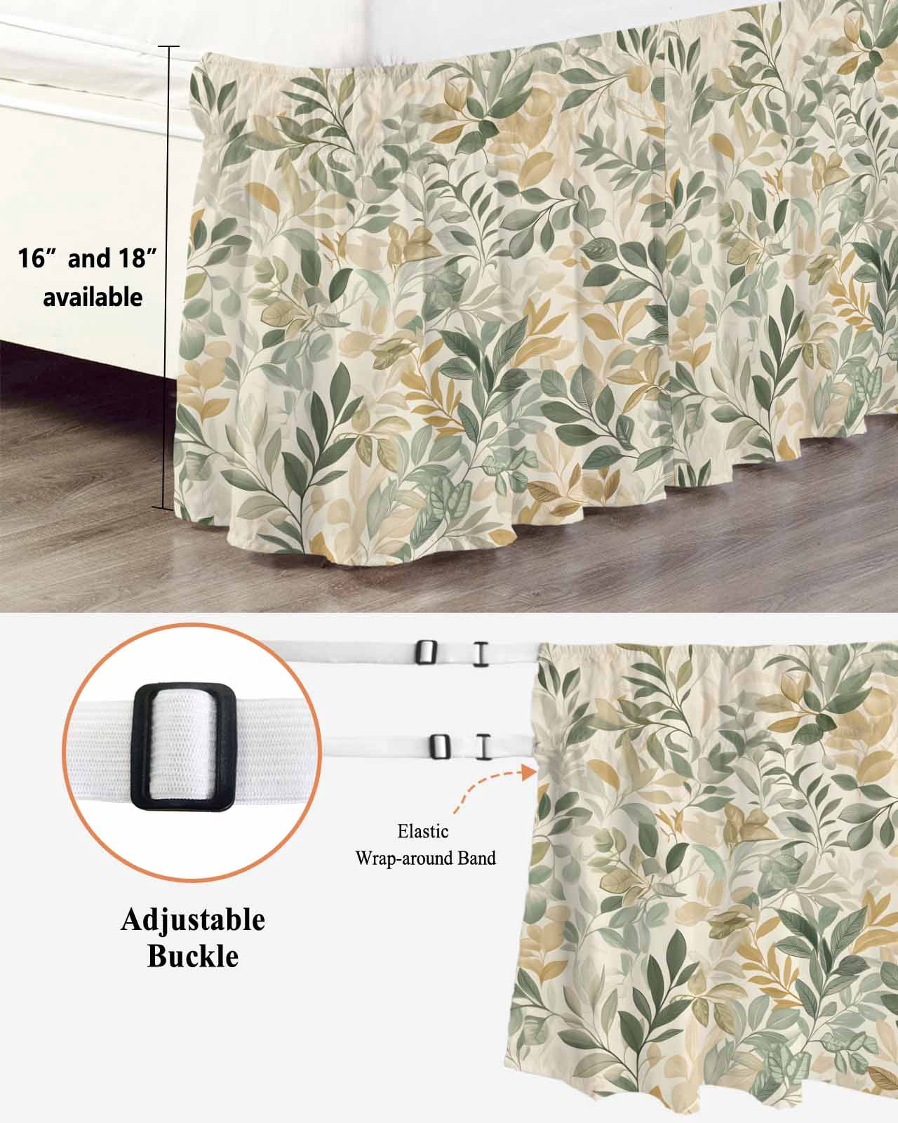 Sage Green Yellow Botanical Wrap Around Bed Skirts for Queen Bed 16" Drop,Bed Skirt with Adjustable Elastic Belt Dust Ruffle Bed Valance for Bedroom Hotel Luxury Spring Summer Vintage Bed Frame Cover