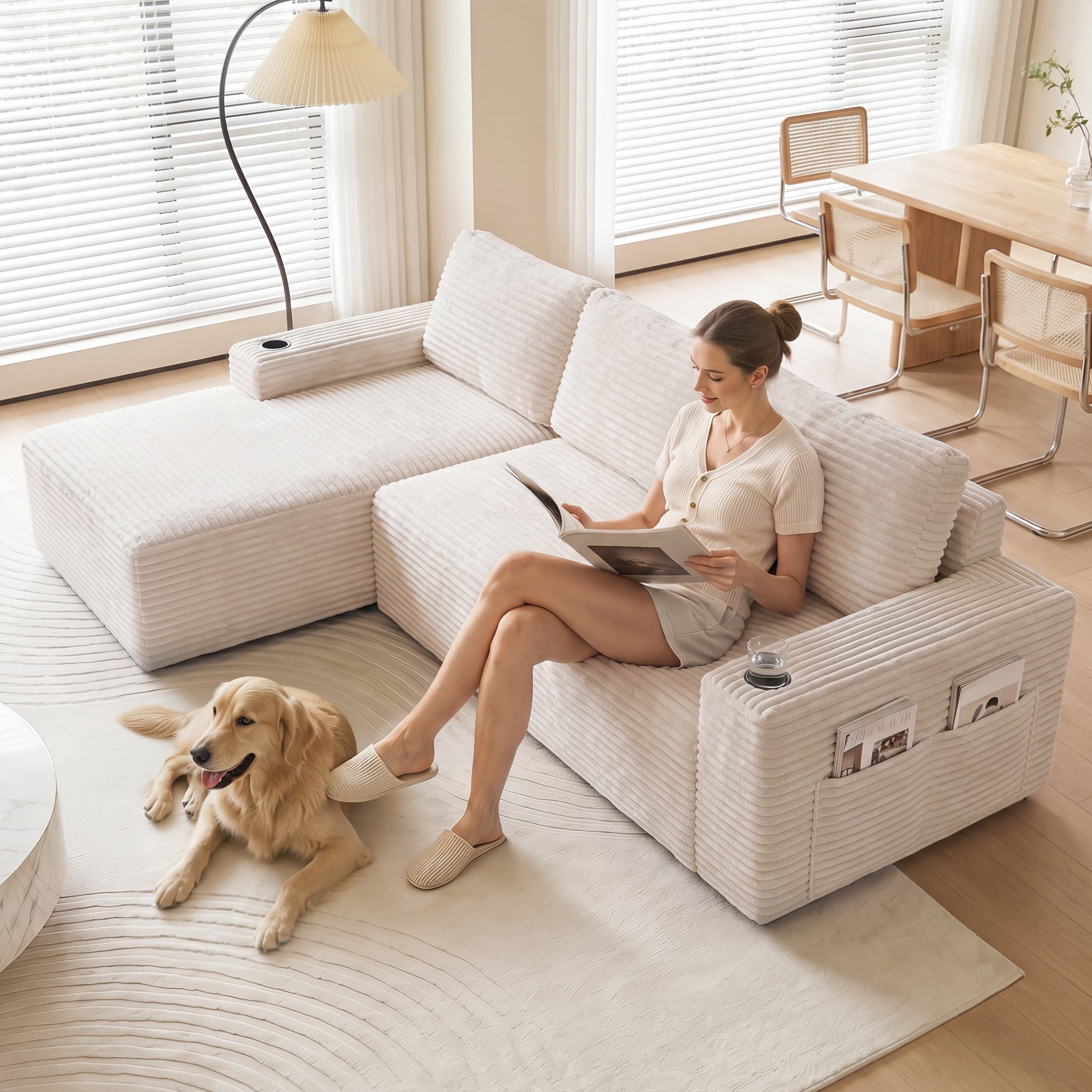 Aenkyo 104 Inch Corduroy L-Shaped Cloud Sectional Sofa with Left Facing Chaise and Cup Holders, Gream