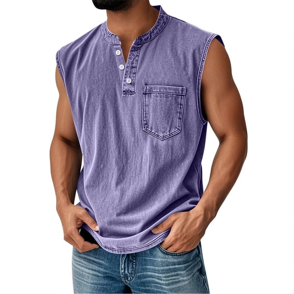LEKWK Mens Shirt Sleeveless Henley Button Placket Casual Tees Athletic Chest Pocket Acid Wash Muscle Tank Top Casual Workout Summer Tops Shirts Tees Purple XXXL