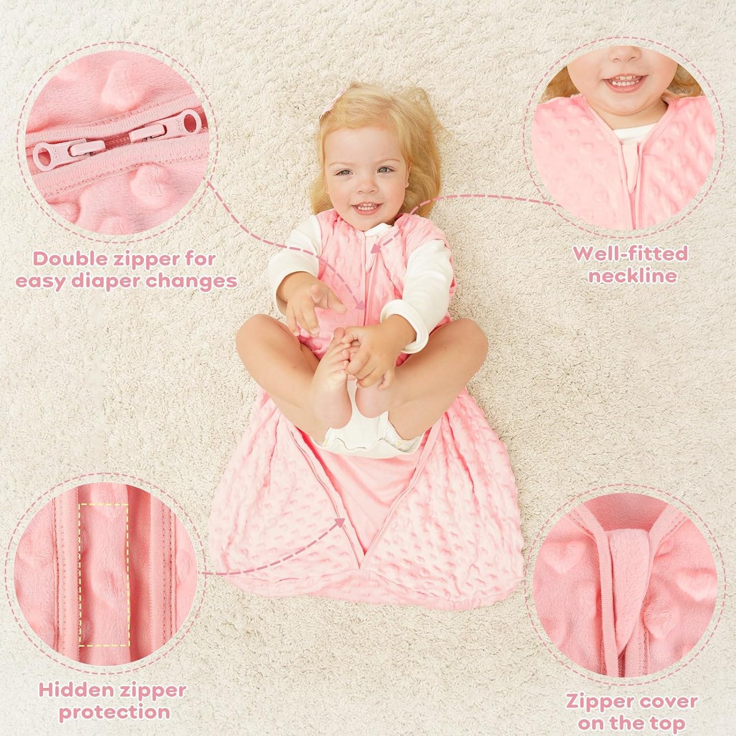 Yoofoss Fleece Baby Sleep Sack 6-12 Months with Plush Dots, TOG 1.5 Baby Wearable Blanket with 2-Way Zipper, Cotton Toddler Sleep Sack Fleece