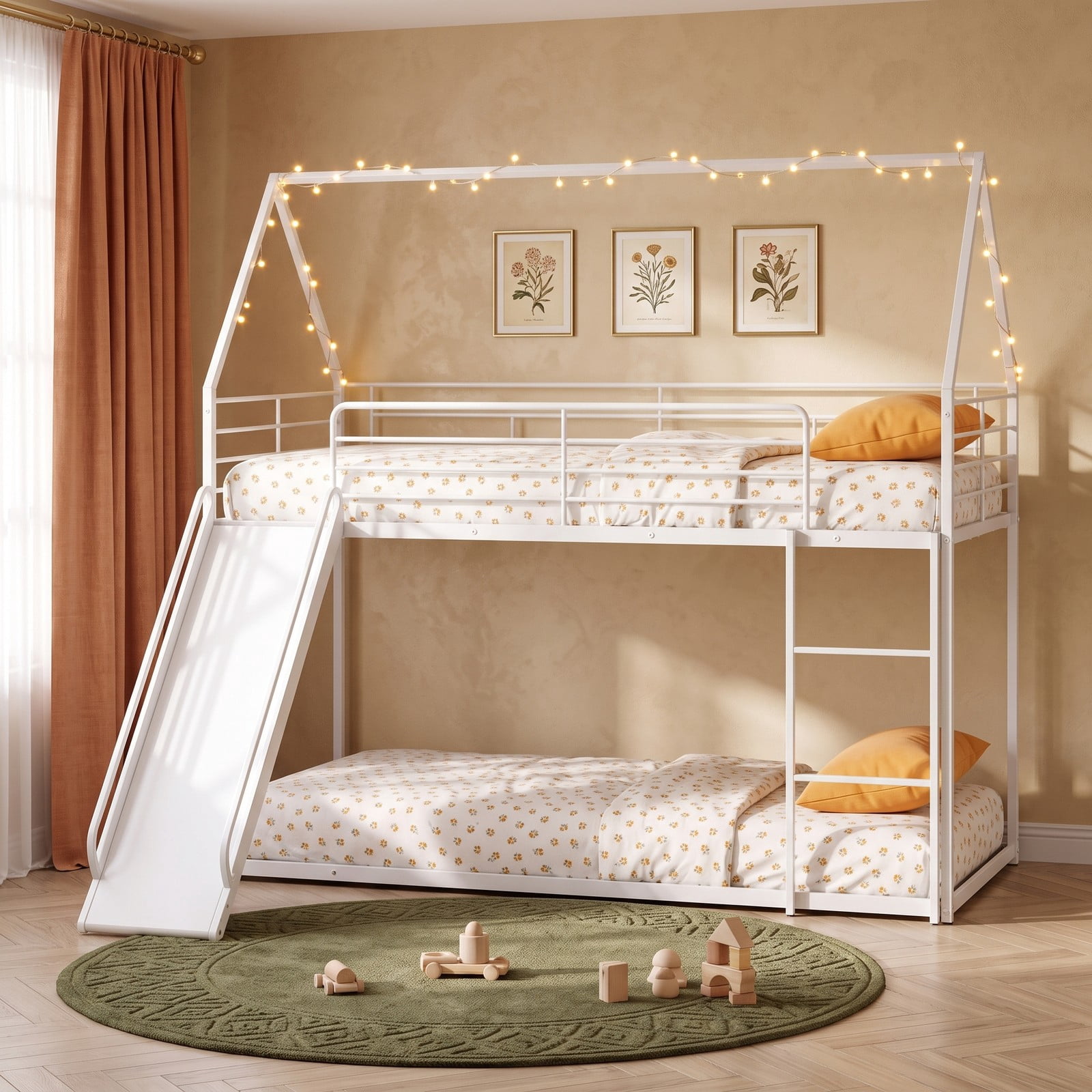 Furnibear House-shaped Twin Over Twin Metal Low Bunk Bed with Slide Ladder and Full-length Guardrails for Kids Rooms, White