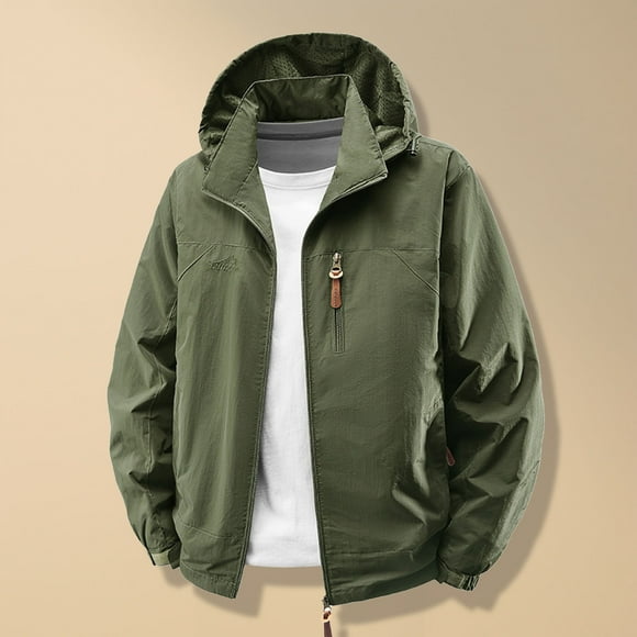 TIMIFIS Athletic Rain Jacket for Men Waterproof Zipper Solid Color Jacket, Lightweight Removable Hooded Casual Raincoat Long Sleeve Windbreaker with Pocket