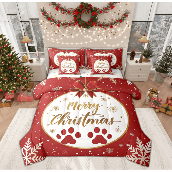 Manfei Merry Christmas Child Twin Bedding Sets 7-Piece, Kawaii Cat Paw Print Bedding Comforter Set, Cartoon Bowknot Snowflake Reversible Sheet Sets, Super Cozy Room Decor