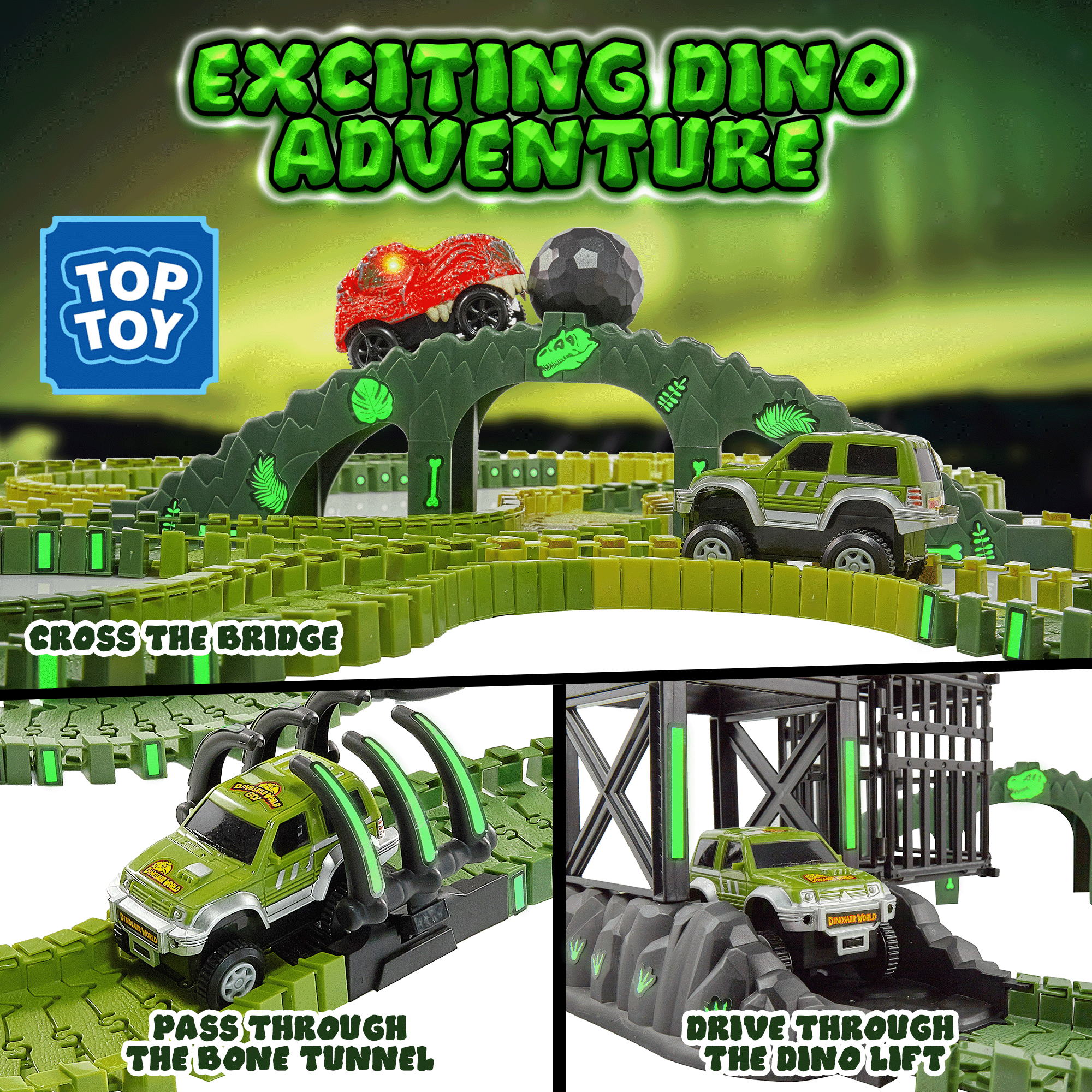 USA Toyz Dinosaur Race Track STEM Playset 225 Pieces Summer Toy for Kids Ages 3+