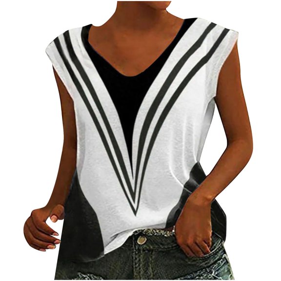 ATOYSOY Women's Loose Tank Tops Beach Sleeveless Trendy Tees V Neck Casual Workout Versatile Summer Camisole Girls Retro Solid Color Block Black L Clearance