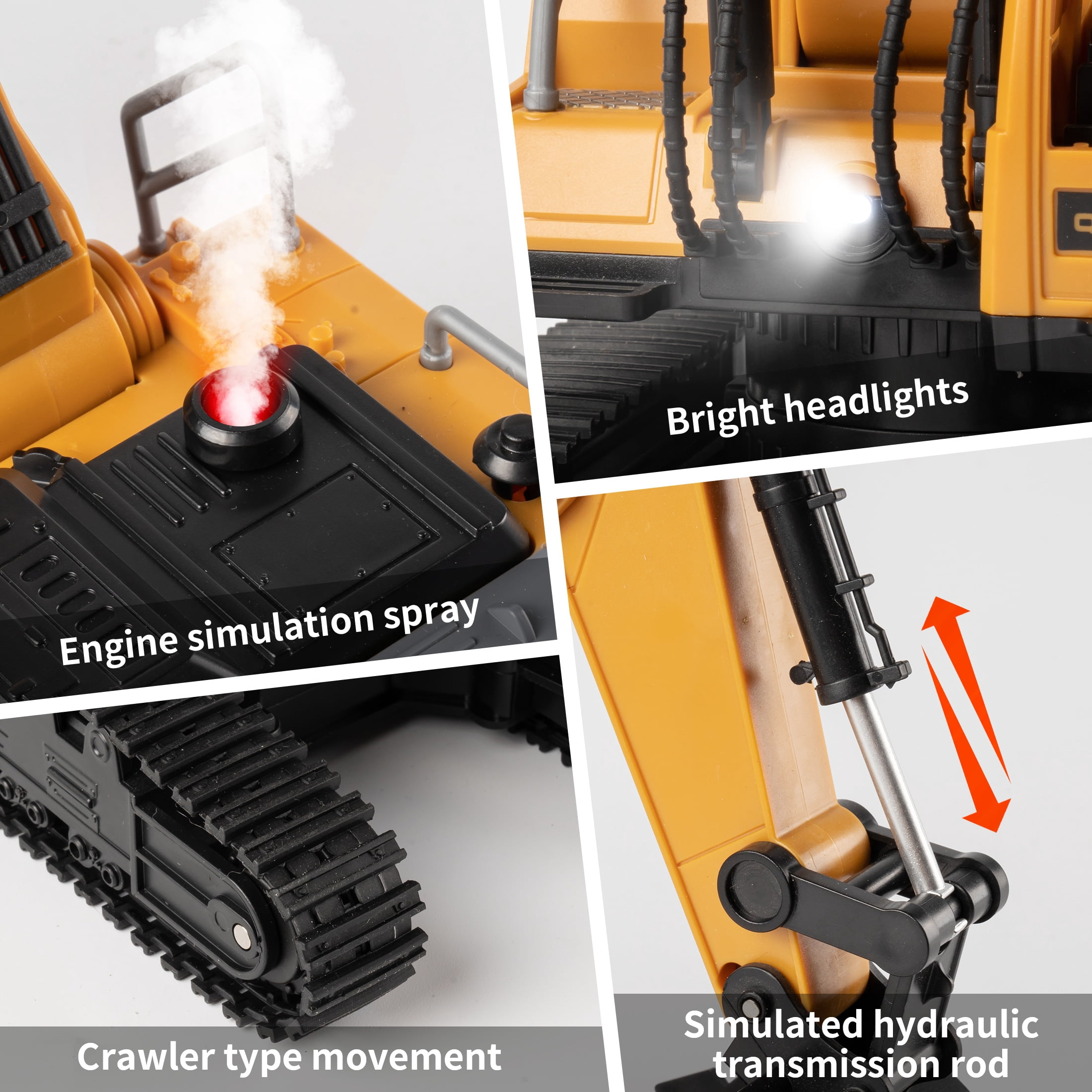 Remote Control Excavator Toys for Boys- Movable Claw Digger Trucks with Spray & LED, 11 Channel 2.4GHz Full Function Remote Control Crane for 6-12 Year Old Kids Christmas Birthday Gift