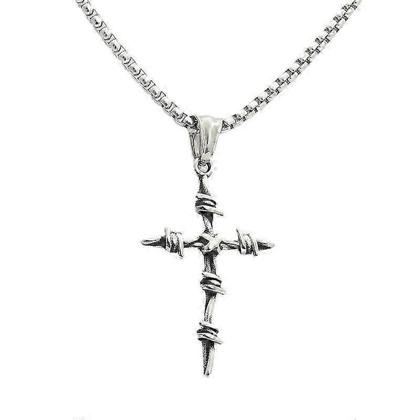 Collar con colgante de cruz de clavo vintage de plata estilo punk gótico de acero inoxidable con alambre de púas para hombre, 22+2 pulgadas.