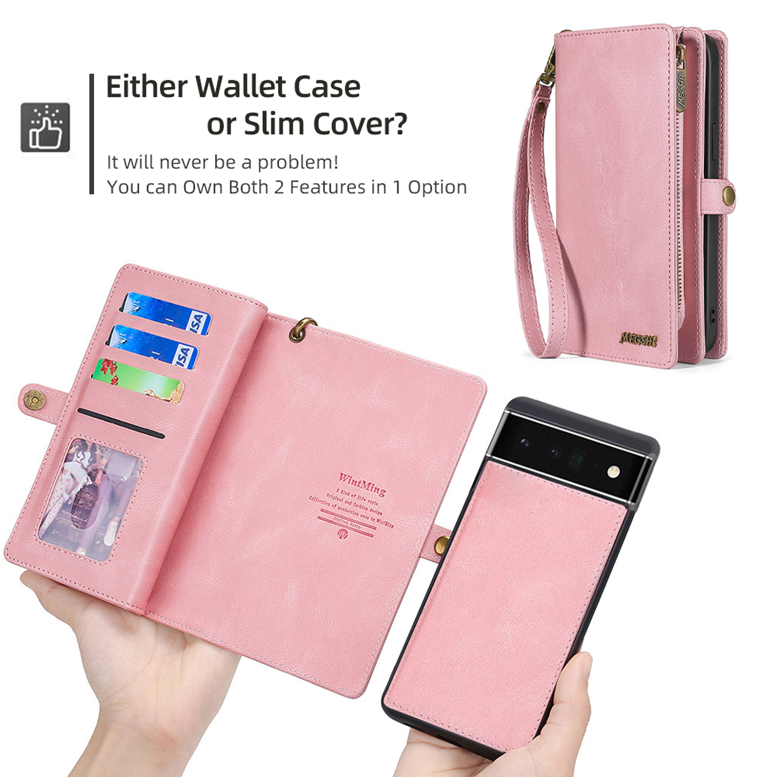 Defencase for Google Pixel 7 Pro Case for Women Men, Removable Durable PU Leather Magnetic Flip Strap Wristlet Zipper Purse Card Holder Detachable Wallet Phone Cases for Google Pixel 7 Pro, Pink