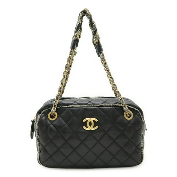 Pre-Owned CHANEL Matelasse Coco Mark Shoulder Bag, Chain Lambskin Tweed, Black (Good)