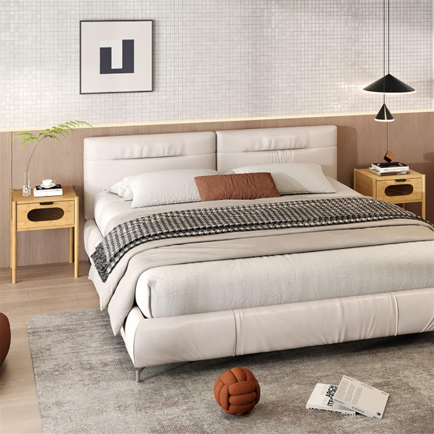 Demi Bonn Modern Bamboo Nightstand with Decorated Drawer, Small Night Stand Square Tall End Table Side Furniture, Storage Organizer for Bedroom, Beige