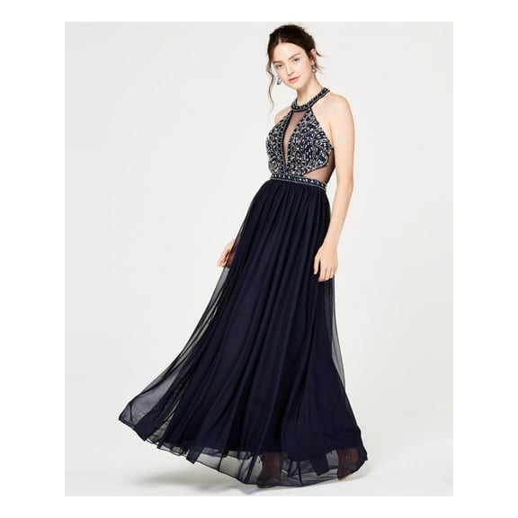 SEQUIN HEARTS Womens Navy Beaded Sheer Chiffon-skirt Halter Full-Length Formal Dress Juniors 1