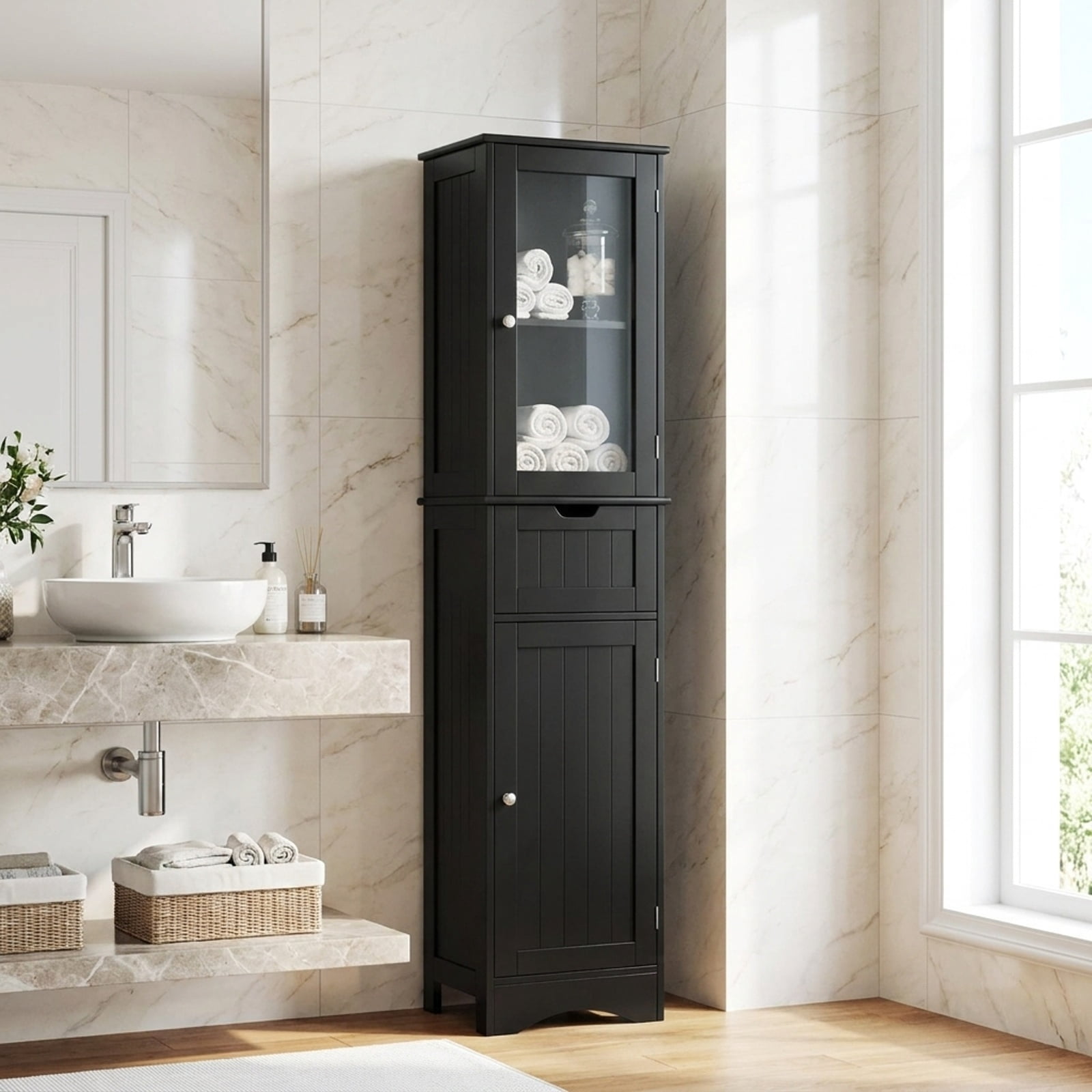 Vebreda Freestanding Bathroom Storage Cabinet, Tall Floor Storage Cabinet with 2 Doors and 1 Drawer for Bathroom, Fit Anywhere You Need
