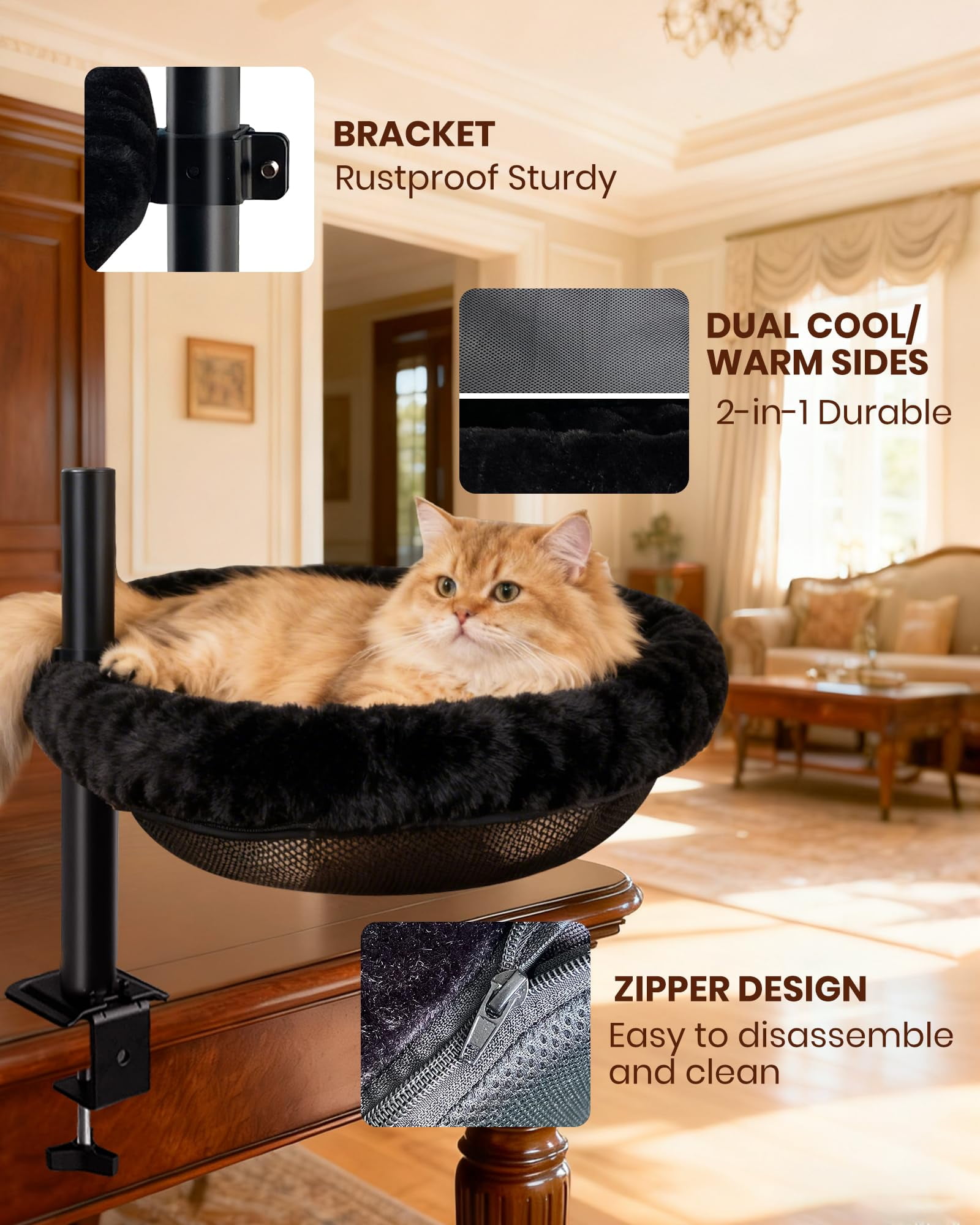 L&W BROS. Space-Saving Up & Down Foldable Cat Desk Hammock - Semi-Circle, 55lb Capacity for Large Cats, 360° Swivel, Machine Washable Plush Fleece Cover for Gaming Desks
