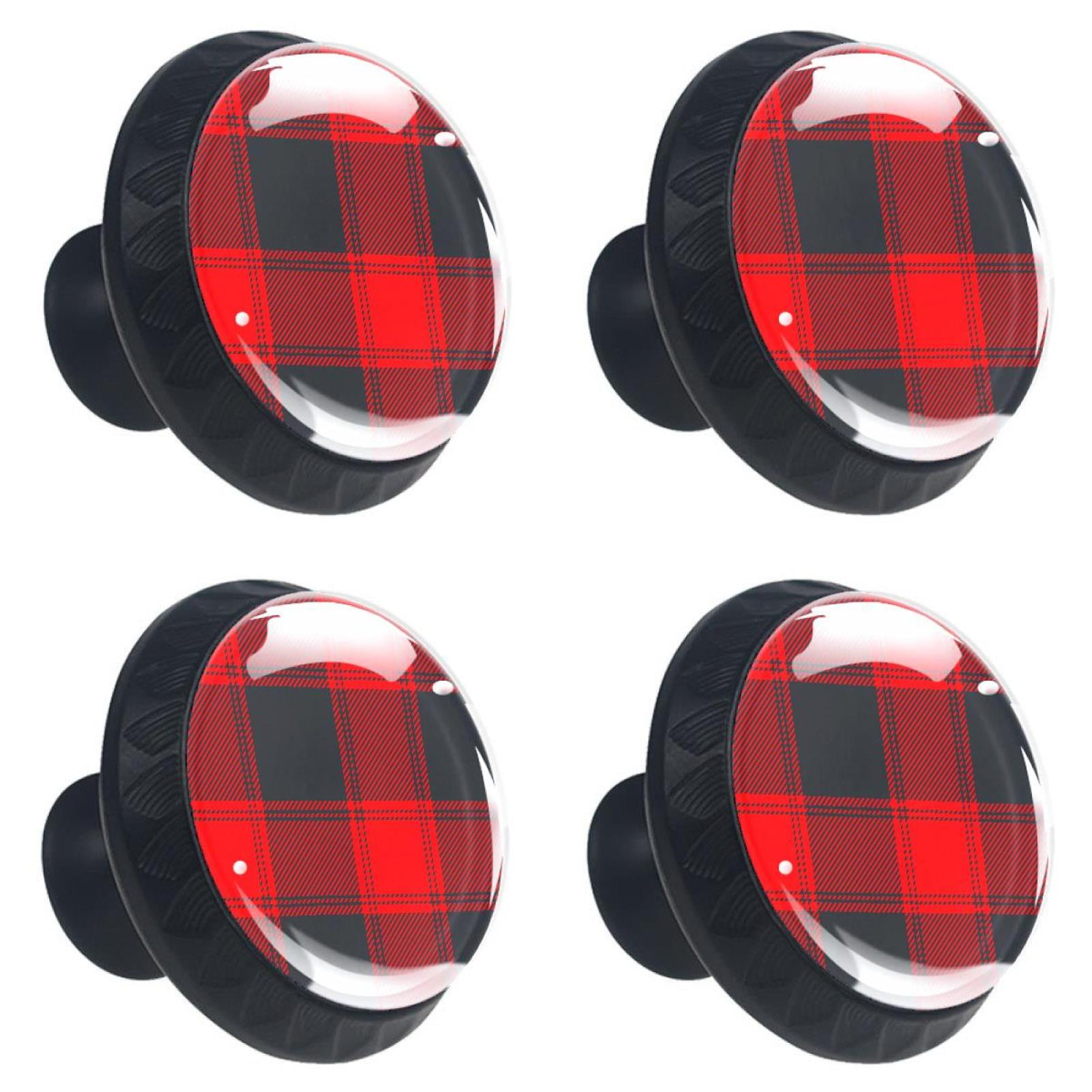 4 Pcs Red Black Buffalo Plaid Knobs for Kitchen Cabinet Cupboard Dresser Bookcase Drawer Pulls Handles Round Home Decor