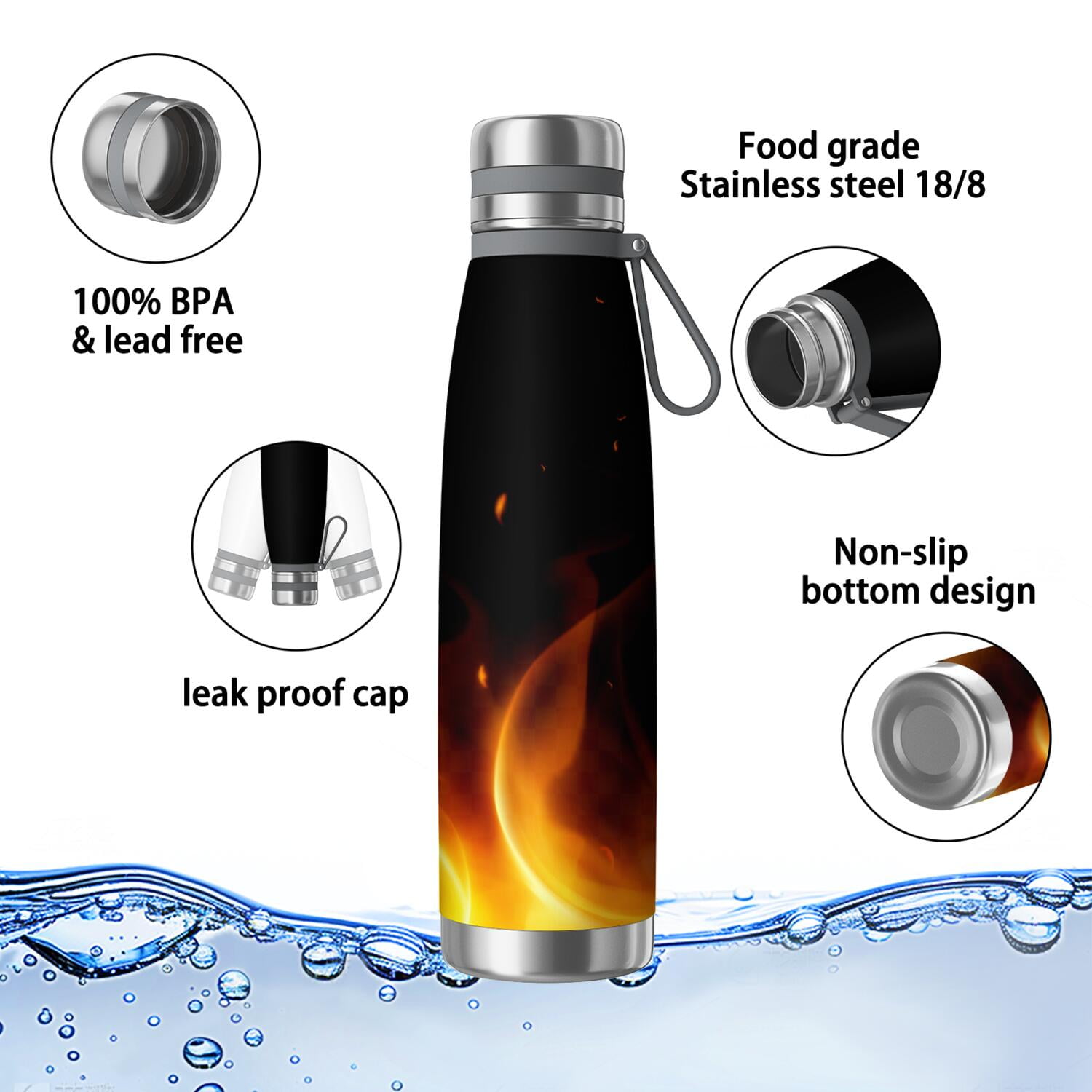 29oz Insulated Water Bottle with Tea Infuser, Stainless Steel Travel Mug, Flame Print