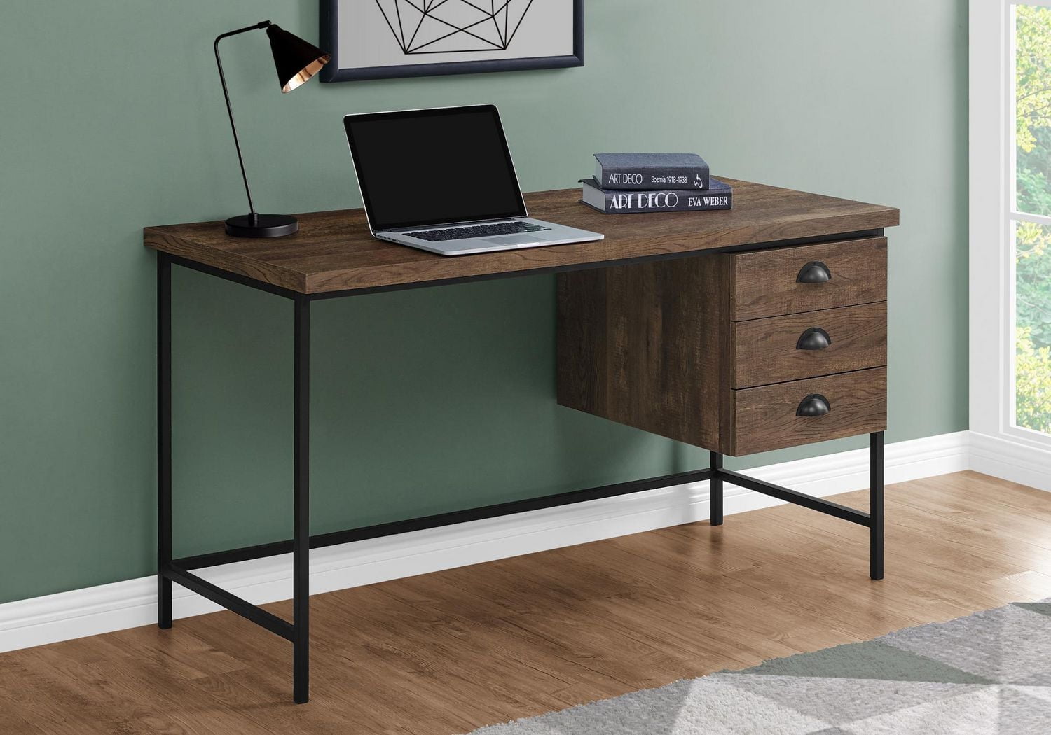 Monarch Specialties Bureau, Bureau À Domicile, Ordinateur Portable, Tiroirs De Rangement, 55"l, Travail, Métal, Stratifié, Brun, Noir, Contemporain, Moderne