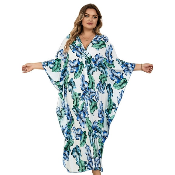 Edolynsa Plus Size Kaftan Dresses for Women Maxi Beach Dress Bathing Suit Cover up Lightweight Resort Wear Mumu Dress