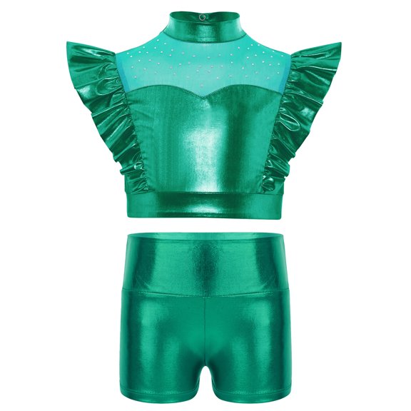 Haitryli Kids Girls Shiny Metallic Rhinestone Adorned Jazz Dancewear Ruffle Tank Top Vest and Shorts Set Green 12