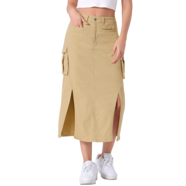 Falda Cargo de Denim INSPIRE CHIC para Mujeres, Falda Midi de Jean con Corte en Y2K y Bolsillo, XL Caqui