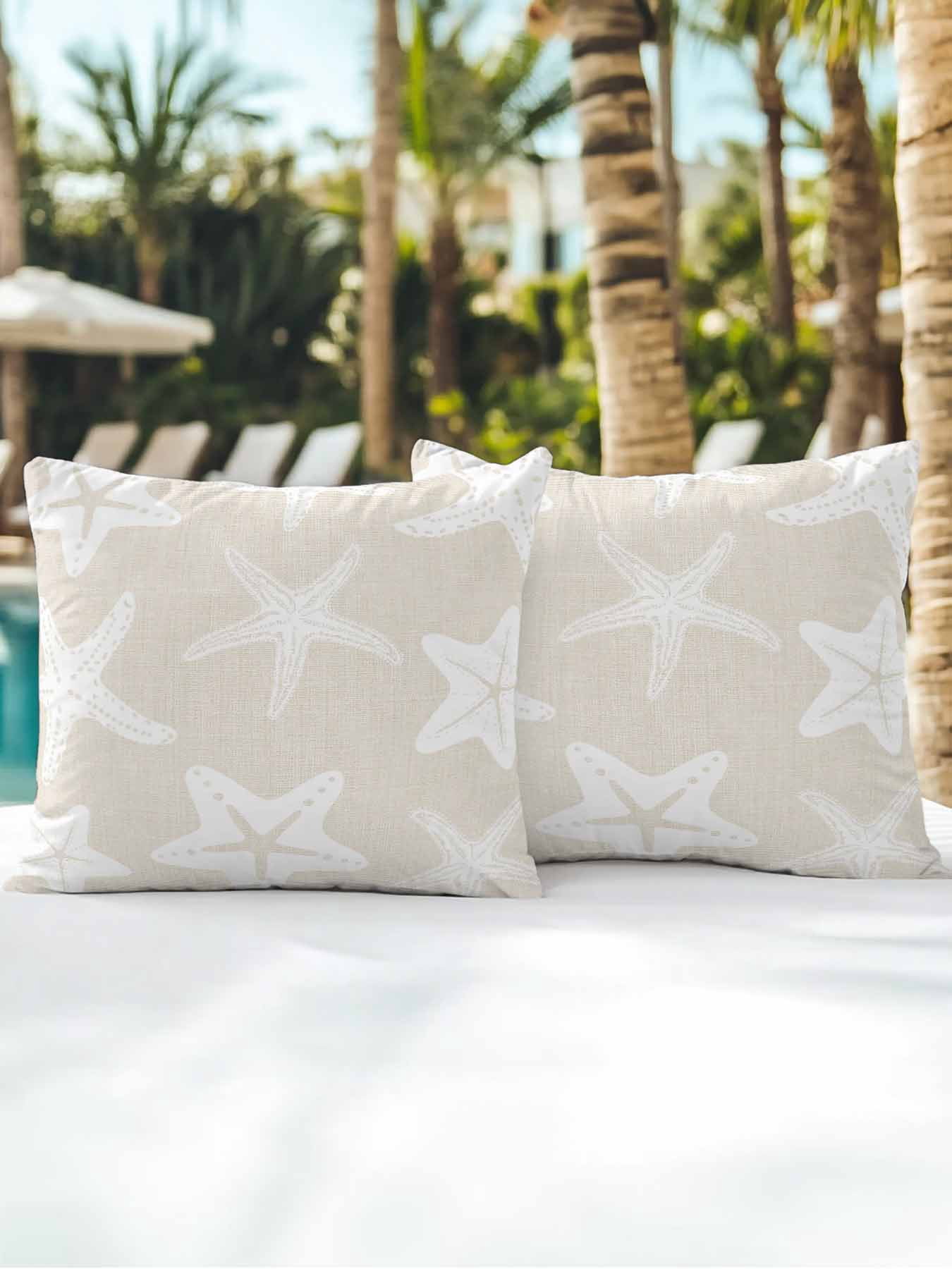 Outdoor Pillows Waterproof, Beige White Starfish Coastal Bedding Throw Pillows with Insert for Couch Sofa Bed, Nautical Summer Ocean Abstract Art 16x16 Inch Pillowcases Patio Pillow Set of 2