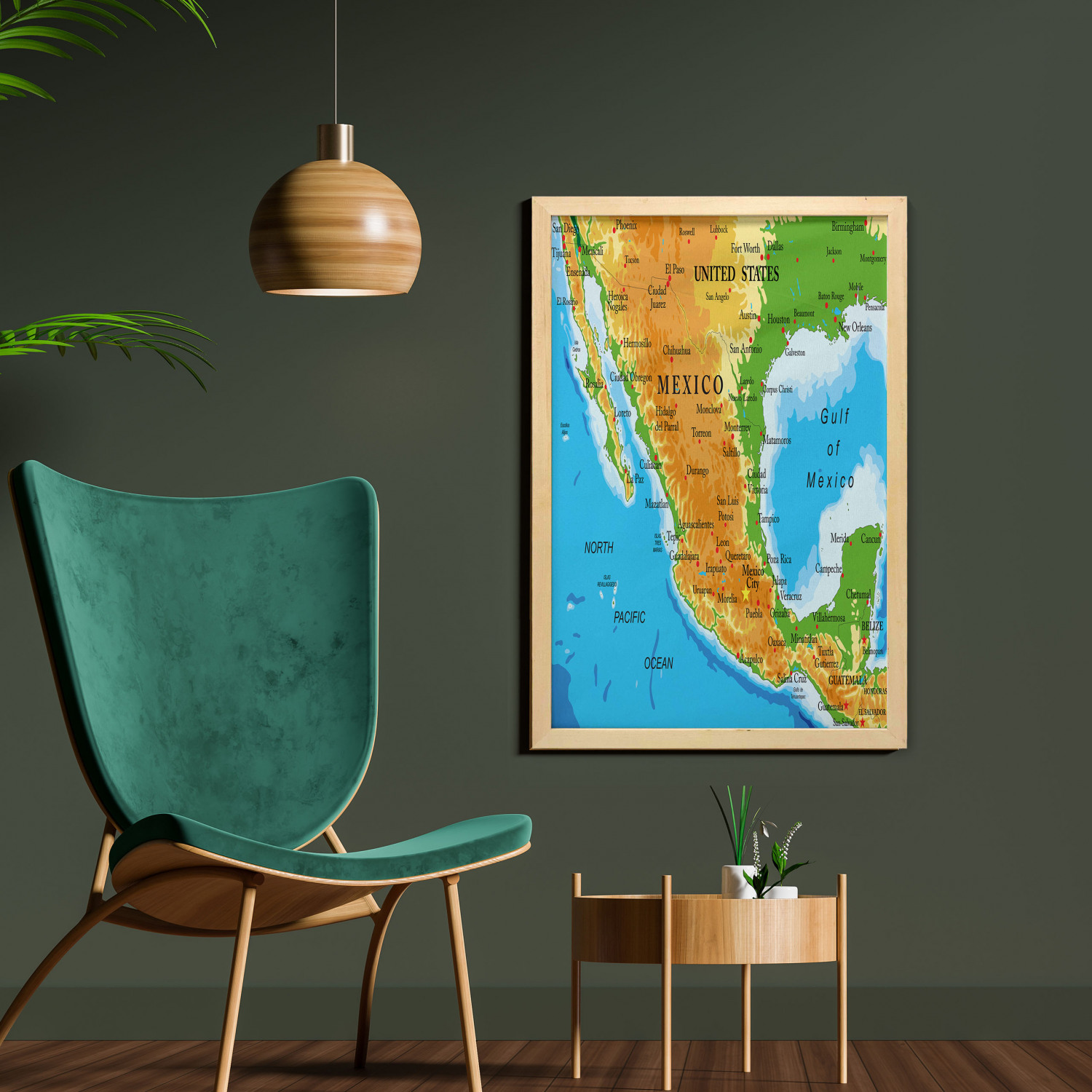 Cacun Wall Art with Frame, Detailed Educational Map of Mexico with all Cities and Oceans Around, Printed Fabric Poster for Bathroom Living Room, 23" x 35", Deep Sky Blue Multicolor, by Ambesonne - image 2 of 2