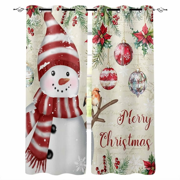 Red Snowman Christmas Blackout Curtains | Light Blocking Print Window Curtains, Xmas Botanical Balls Snowflake Retro Thermal Insulated Window Drapes for Living Room Kitchen (2 Panels, 55"W x 39"L)