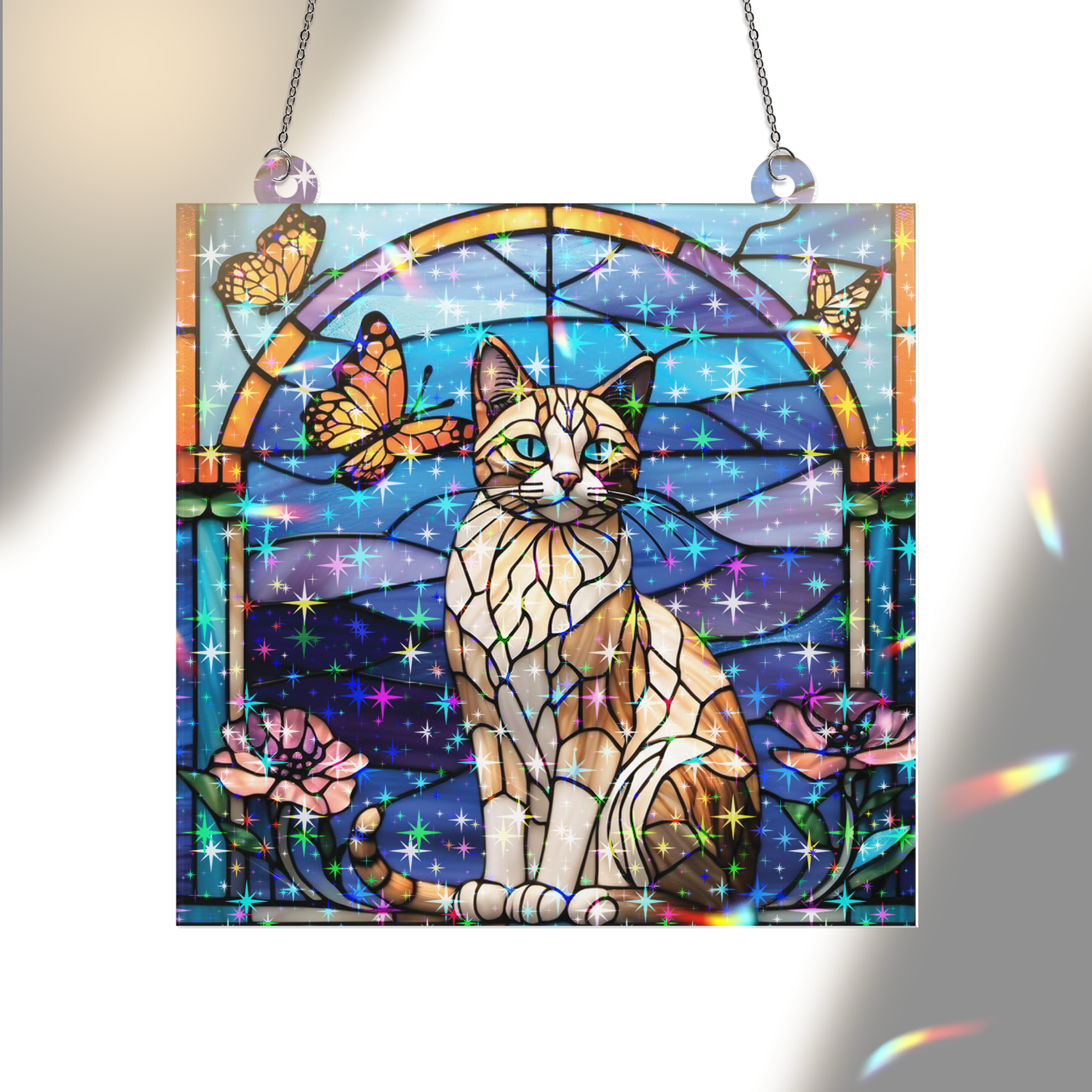 89Bloom Cat and Butterfly Stained Glass Hologram Ornament, Stained Glass Suncatcher Ornaments Home Decor, Holographic Ornaments