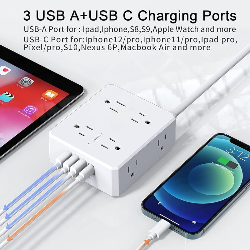 Surge Protector Power Strip - 6 Ft Flat Plug Extension Cord with 8 Widely Outlets and 4 USB Ports(1 USB C), 3 Side Outlet Extender for Home Office, White, ETL Listed