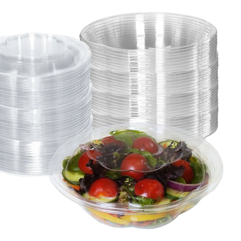 Fit Meal Prep 100 Pack 64 oz Clear Plastic Salad Bowls with Airtight Lids, Disposable to Go Salad Containers for Lunch, Meal, Party, BPA Free Clear