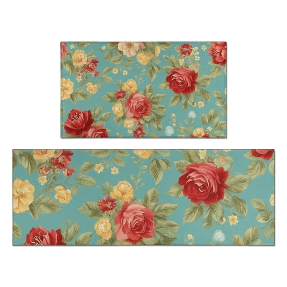 Pioneer Flower Floral Print Pattern Kitchen Rugs Sets Of 2,Anti Fatigue Kitchen Mat Rugs Non Slip Washable,Decorative Kitchen Floor Mats for Kitchen,Sink,Laundry,17"x30" 17"x47"