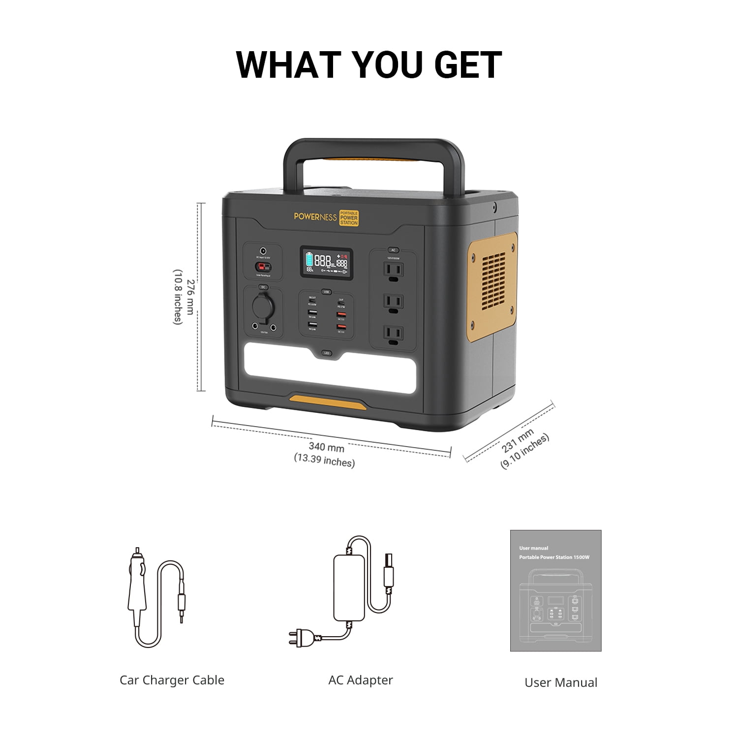 Powerness Portable Power Station Hiker U1500, 1536Wh Solar Generator LiFePO4 Battery Powered Generator with 3x1500W AC Outlets (Surge Power 3000W) and PD 100W In/output for Outdoor Camping, Emergency