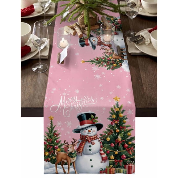 Pink Christmas Dresser Scarf Farmhouse, Dining Table Decorations for Wedding/Parties, Snowman Xmas Tree Snowflake Gifts Elk Table Runner 70 Inches Long for Kitchen Dining, 13 x 70 In