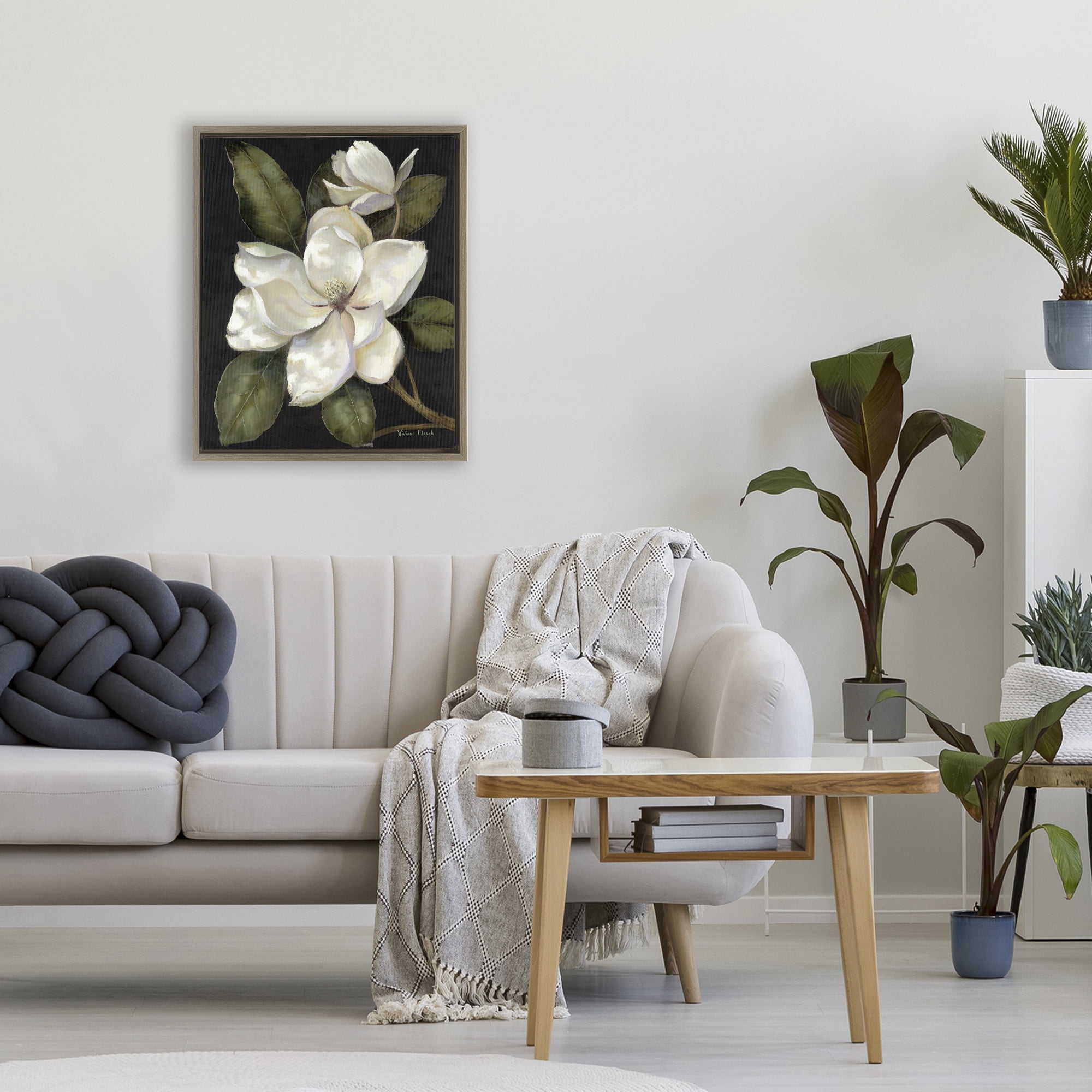 Stupell Industries Blooming Magnolia Buds Brown Framed Floater Canvas Wall Art, design by Nan