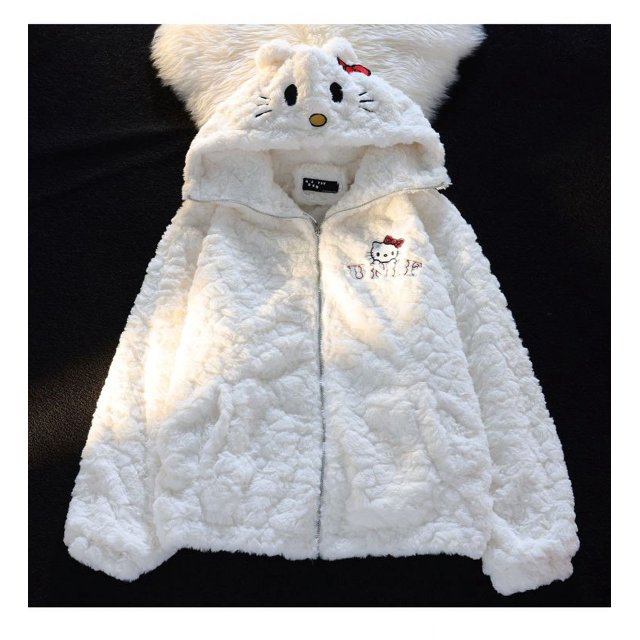 Chaqueta de felpa Sanrioed Hellokittys de dibujos animados para niñas, abrigo de terciopelo grueso, Kawaii Plus, lindo gatito, regalos de vacaciones, otoño e invierno, nuevo