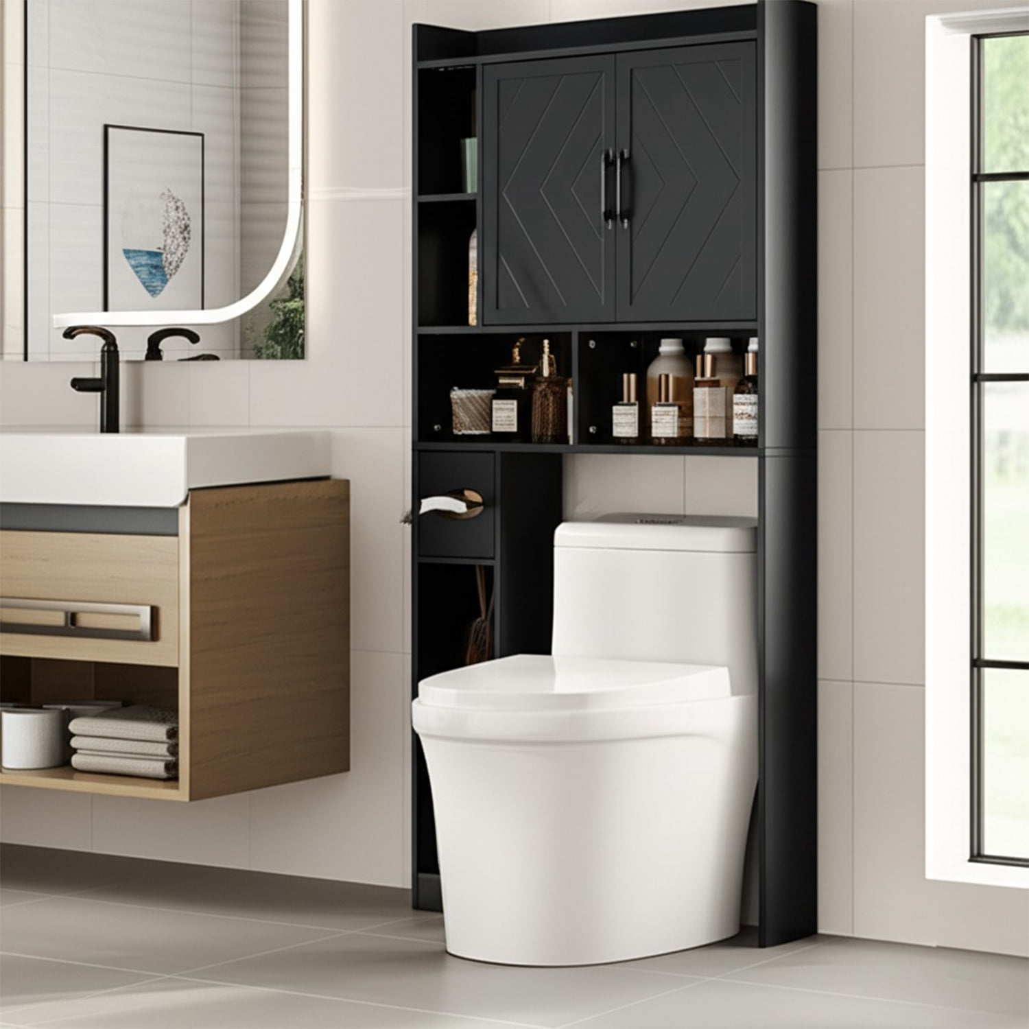 DIYART 67.8" H Over The Toilet Storage Cabinet with Adjustable Shelves & Toilet Paper Holder, Farmhouse Over Toilet Bathroom Organizer, Double Door Toilet Cabinet for Bathroom, and Laundry, Black