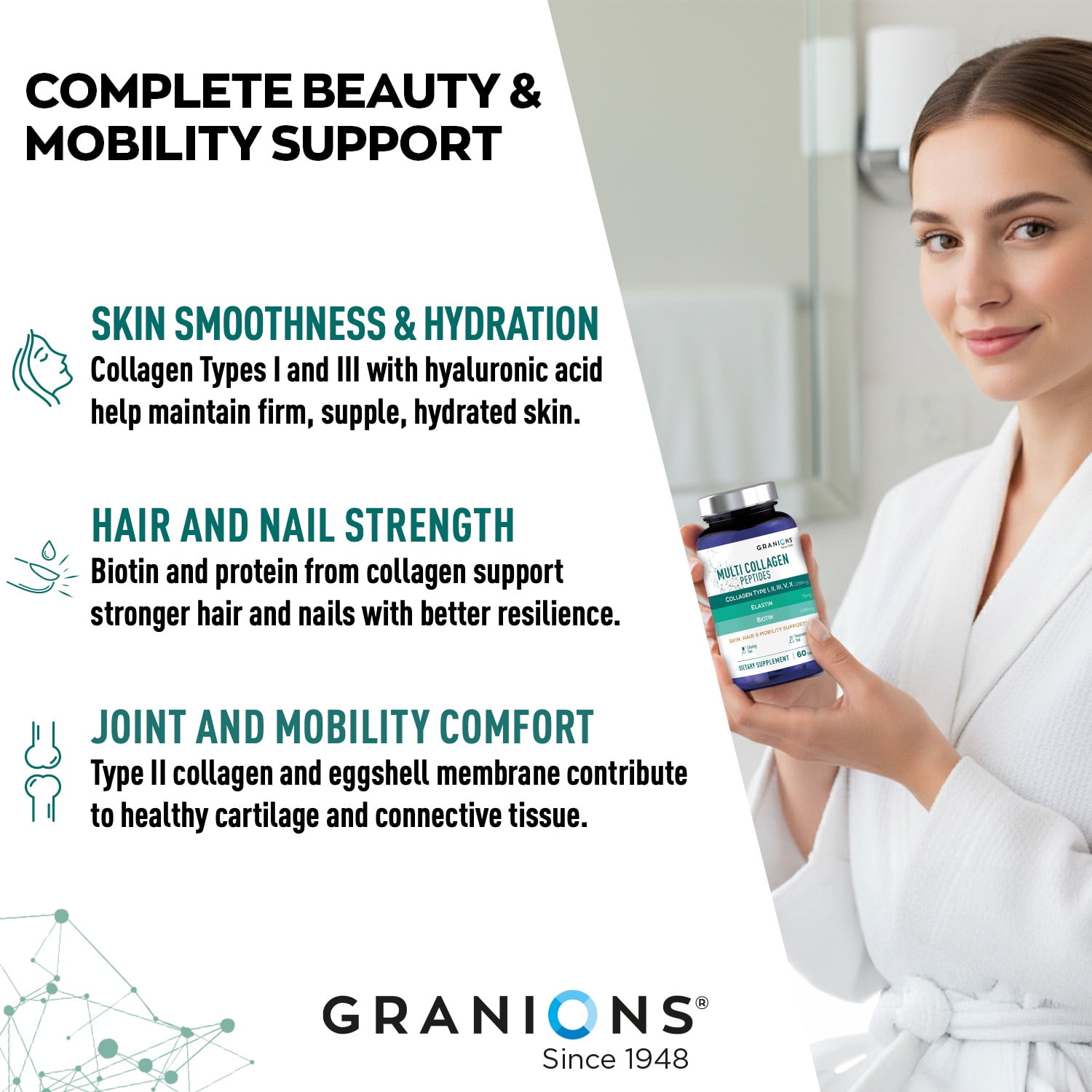 Granions Hydrolyzed Multi Collagen Peptides Pills  - Type I, II, III, V, X Marine Collagen, Hyaluronic Acid, Biotin - 60 Tablets