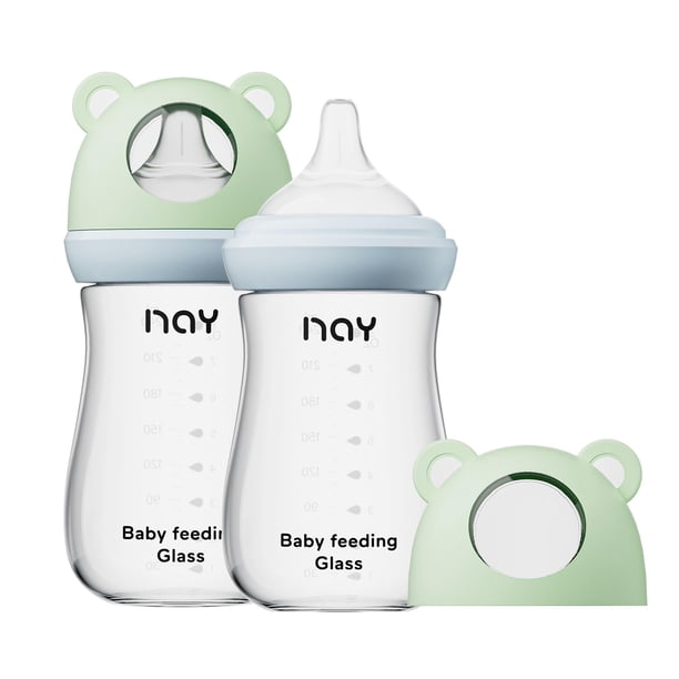 Biberón Natural de Vidrio yanyoyo para Bebés Lactantes, 240 ml Anticólico con Tetina Natural Respuesta (M), Transparente, Cuello Ancho, Paquete de 2, 3 Meses+