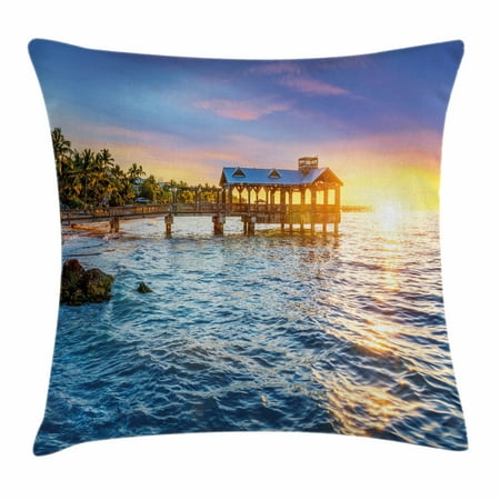 Blue Heaven Key West United States Throw Pillow Cushion Cover, Pier at Beach in Key West Florida USA Tropical Summer Paradise, Decorative Square Accent Pillow Case, 18 X 18 Inches, Light Blue Yellow Green, by Ambesonne ()