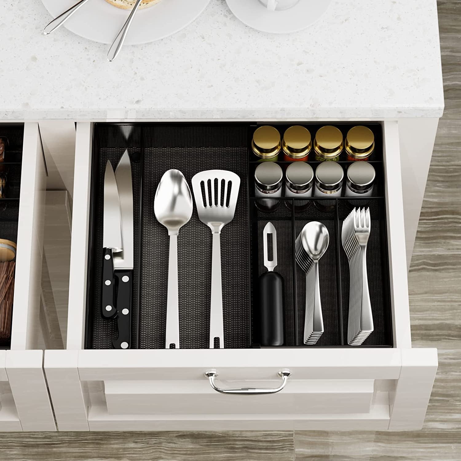 Utensil Drawer Organizer - Expandable Cutlery Tray, Silverware/Flatware Storage Divider for Kitchen, Mesh Designing with Non-slip Rubber Feet (black)