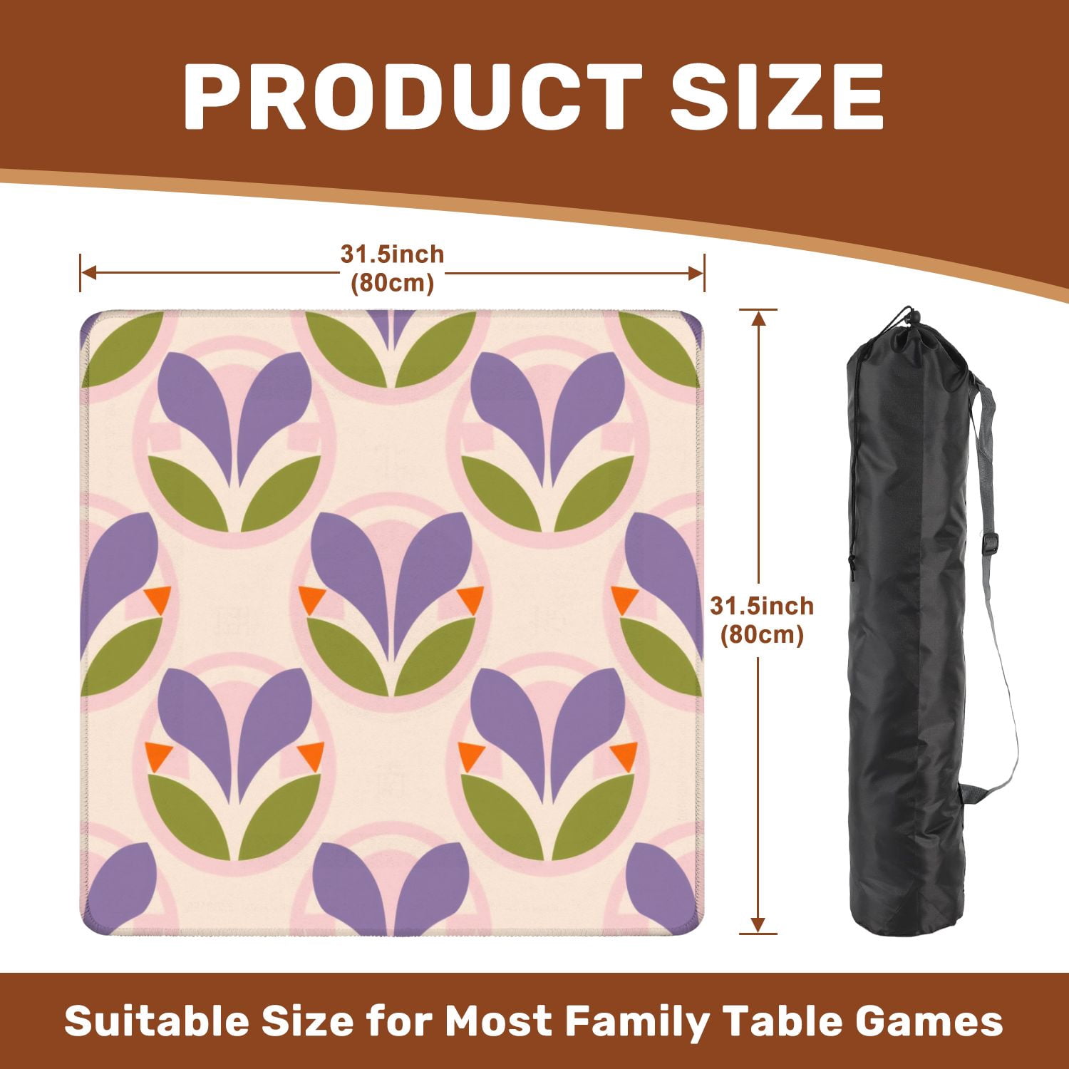 Mahjong Mat 31.5" x 31.5" Retro Floral Purple Petals Green Leaves Orange Accents Light Non-Slip Noise Reduction American Mahjong Tiles Table Cover for Dominoes Poker Card Board Games Gift