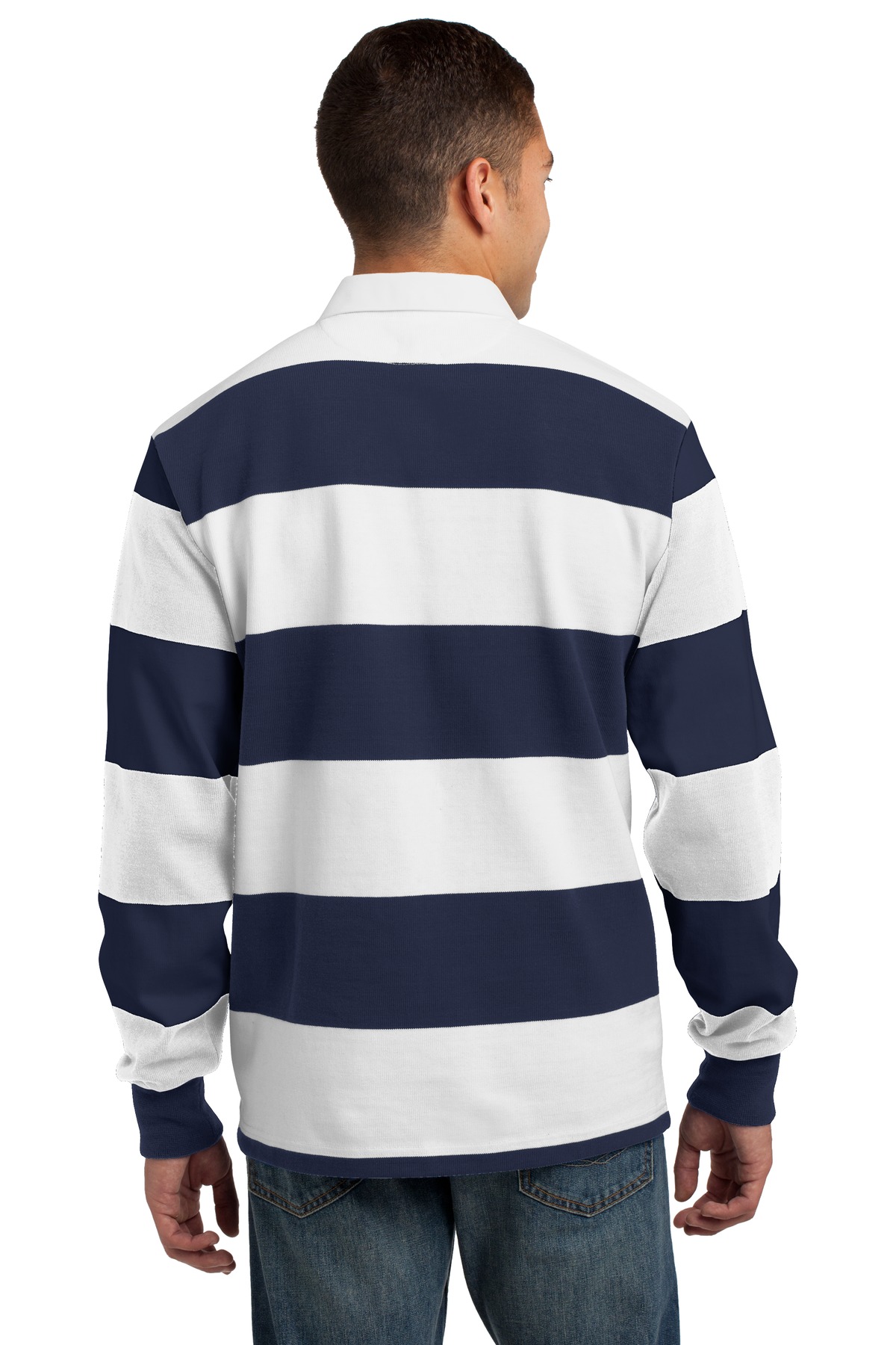 Sport Tek Adult Male Men Stripe Long Sleeves Rugby Polo True Navy/Wht Large - image 2 of 6